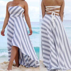 NEW Cosygal Striped High-Low Maxi Dress, Bandage Dress, Backless, Blue/White MED